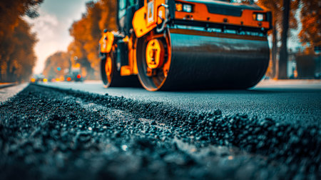 A heavy-duty roller presses fresh asphalt, ensuring a smooth surface amidst vibrant autumn foliage, capturing the season's contrast of machinery and nature.の写真素材