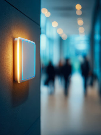 A sleek, glowing navigation control stands out amid a bustling, softly lit environment, accented by...