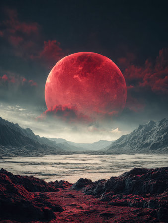 An otherworldly terrain bathed in eerie crimson light, with towering, twisted formations beneath a...