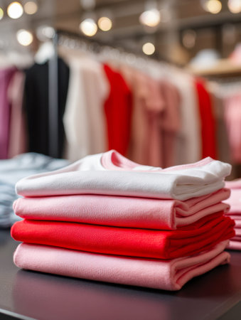 An artful arrangement of carefully folded soft-hued and bold apparel on a sleek table, with lively,...