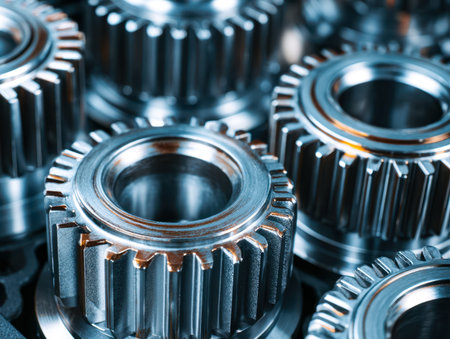 Intricate interlocking metal cogs captured in sharp focus, highlighting meticulous craftsmanship and...