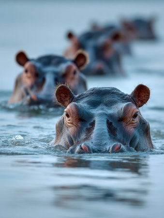 A tranquil scene featuring a row of hippos resting in still waters, their concentrated gazes...