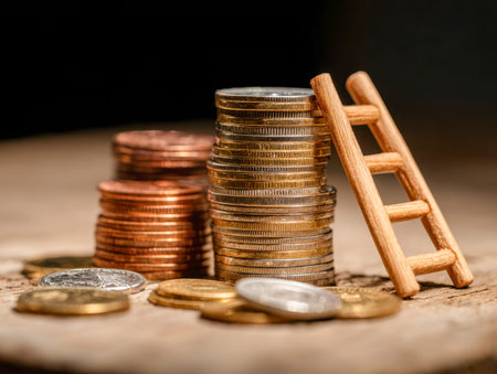 Vibrant coin heaps of various currencies and denominations stand on a weathered wooden surface,...