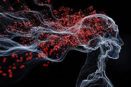A dynamic digital composition illustrating a human silhouette intertwined with luminous data...