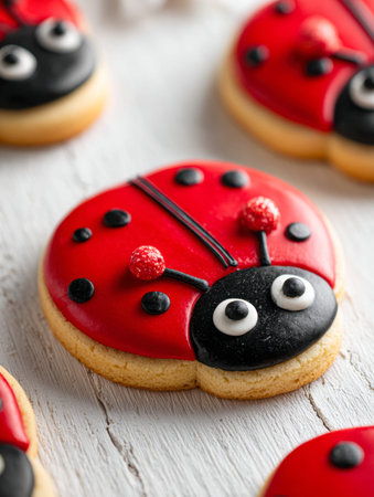 Playful ladybug cookies with bold red and black designs and colorful candy details are artfully displayed on a weathered white wooden backdrop, perfect for sweet celebratの写真素材
