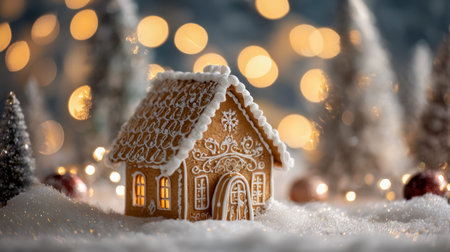 A charming gingerbread cottage adorned with snowy white icing, nestled among twinkling fairy lights...