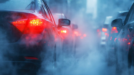 A tense urban scene where vehicles linger in thick haze, their fiery brake lights piercing the gloom...
