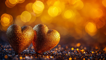 Shimmering heart-shaped decorations sparkle softly amidst a cozy, glowing backdrop, creating a romantic and festive atmosphere perfect for celebrationの写真素材