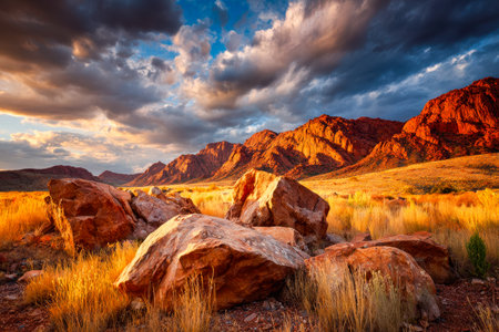 A vast, sunlit expanse features jagged mountain silhouettes against a vibrant, fiery sky, evoking...