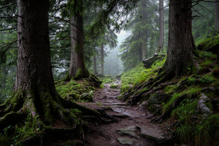 A peaceful woodland pathway winds gently among vibrant, verdant trees draped in velvety moss,...