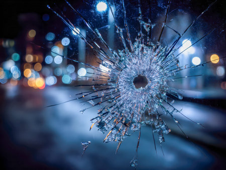 Fragments of shattered window glint under neon lights, casting chaotic reflections onto a bustling...