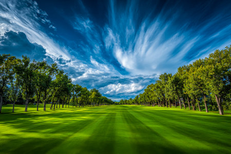 A peaceful fairway stretches beneath a strikingly clouds filled sky, framed by vibrant foliage, creating a harmonious blend of tranquility and natural drama.の写真素材