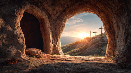 A tranquil scene capturing the warm glow of dusk filtering through a cave opening, revealing rugged...