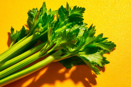 Bright, crisp celery spears with lush leafy crowns contrast against a cheerful yellow backdrop,...