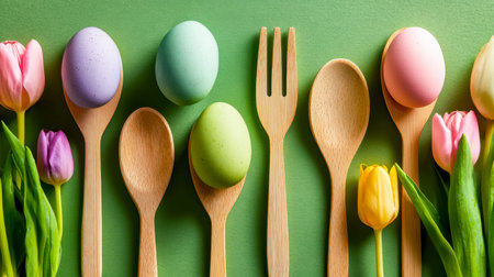 Brightly decorated eggs alongside wooden serving pieces and lively tulips create a cheerful spring...