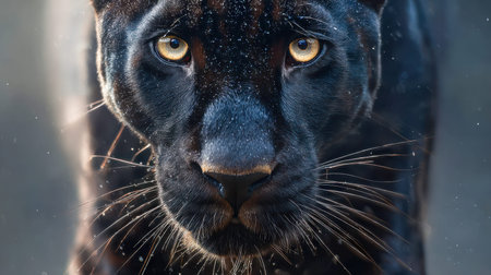 A powerful black panther with sleek, shimmering coat and piercing golden eyes, stands amidst an...