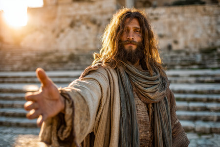 A timeless scene of a revered leader extending an inviting hand amidst weathered stone steps, bathed in warm sunset hues, evoking hope and spiritual awakening.の写真素材