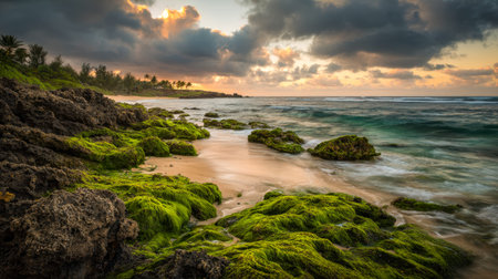 A rugged coastline adorned with lush moss patches, bathed in the fiery hues of sunset, creating a...