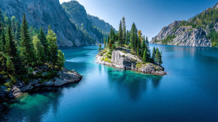 Tranquil alpine reflections shimmer in vivid azure waters, embraced by rugged granite crags and...