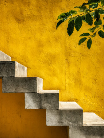 A sleek, minimalist staircase constructed from smooth concrete contrasts vividly with a sunny yellow...