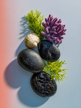 A harmonious display of smooth dark stones, vibrant leaves, and delicate seashells set against a...