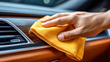 A person carefully polishes a refined wooden trim inside a premium vehicle, using a vibrant...