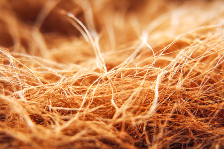 A detailed macro shot reveals interwoven golden-brown strands, showing delicate textures, fibers' subtle variations, and the organic complexity of natural materials.の写真素材
