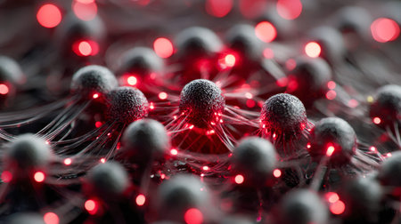 A sleek, high-tech visualization featuring glossy black orbs linked by delicate, luminous threads,...