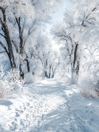 A peaceful winter trail winds through frost-clad trees, with sunshine breaking softly through...