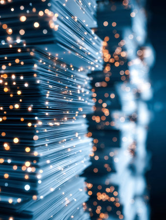 A vibrant showcase of intertwined metallic strands glowing with neon brilliance, punctuated by dreamy bokeh lights that evoke a sleek, high-tech atmosphere.の写真素材