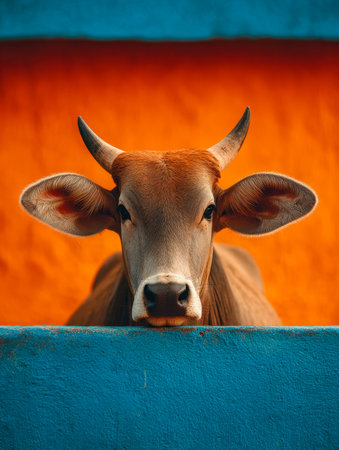 A detailed shot captures a bovine's inquisitive gaze, showcasing striking horns and lively eyes, set against a colorful, energetic backdrop that highlights nature's beauty.の写真素材