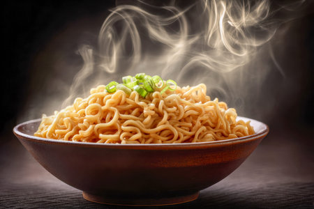 A cozy, inviting bowl of steaming noodles topped with vibrant green onions, presented in a textured ceramic dish that contrasts sharply with a moody, dark backdrop.の写真素材