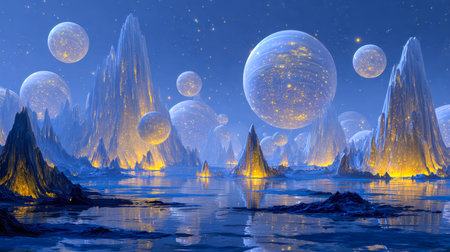 An otherworldly frozen scene featuring glowing planets overhead, jagged mountain silhouettes, and a glittering, starlit horizon evoking a dreamlike celestial realm.の写真素材