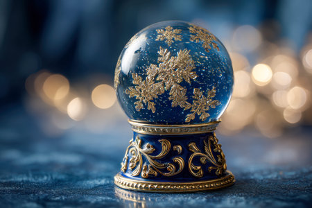 A luxurious snow globe with shimmering blue and gold accents, detailed snowflake motifs, and a...