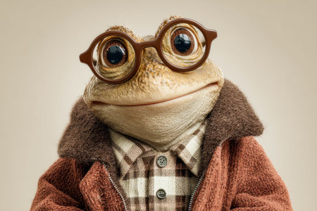 A charming amphibian figure in classic attire, sporting vintage style with stylish spectacles,...