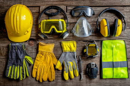 An assortment of hard hats, gloves, safety goggles, and high-visibility vests arranged neatly,...