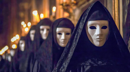 An enigmatic group draped in shadowy garments and faceless faces gather in a richly decorated...