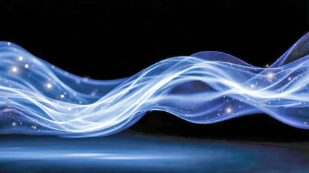 Vibrant streams of luminous blue and white currents cascade through darkness, embodied dynamic...