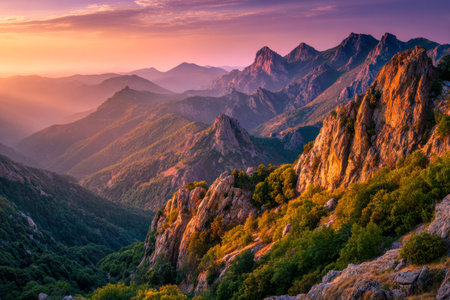 Towering rugged mountains glow with sunset hues, their verdant slopes cascading over jagged rocks...