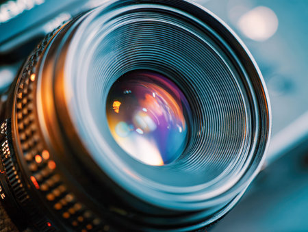 An extreme close-up reveals the complex inner workings of a high-end camera lens, shimmering with...