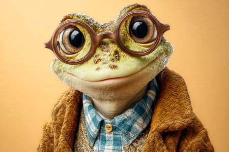 A charming frog figure dressed in retro attire and stylish spectacles, set against a cozy,...