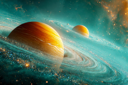 Two colossal radiant planets glow with golden hues amid a vivid space backdrop, encircled by...