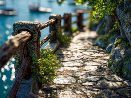 A tranquil lakeside scene features a winding stone trail bordered by a rustic wooden railing,...