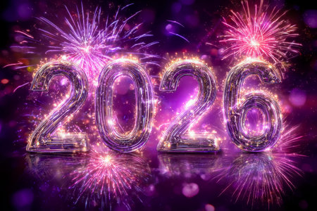 Spectacular bursts of colorful fireworks light up the night sky, signaling the arrival of a new year...