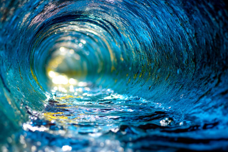 Sunlight dances through a powerful water arch, illuminating the swirling currents and creating an...