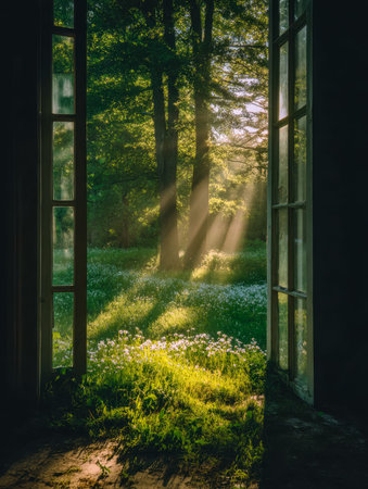Soft morning light filters in through an open window, illuminating vibrant blossoms and lush...