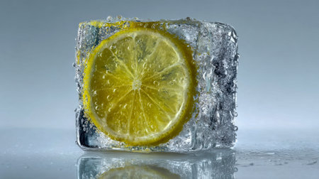 A juicy lemon segment encased in transparent ice, glistening droplets on a glossy surface, set...