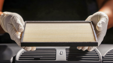 A professional in work attire carefully examines a vehicle's filtration component, ensuring optimal...
