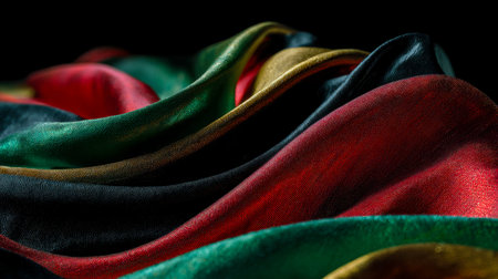 Intricate folds of shimmering silk display an array of bold shades and lush textures, evoking luxury...