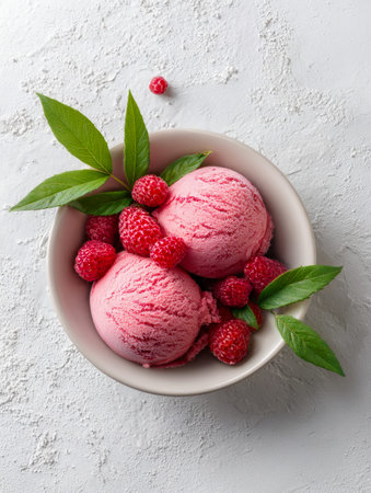 Vibrant red raspberry sorbet doubles in a sleek white dish, topped with juicy berries and fresh...
